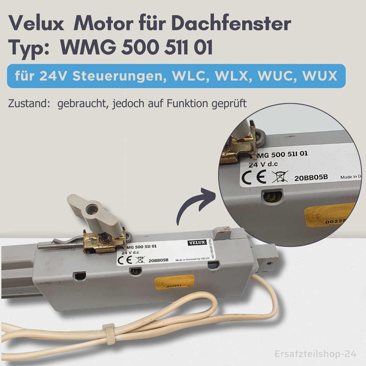 VELUX Motor, WMG 500 511 01, 24V für Dachfenster, Ersatzteil gebraucht #568