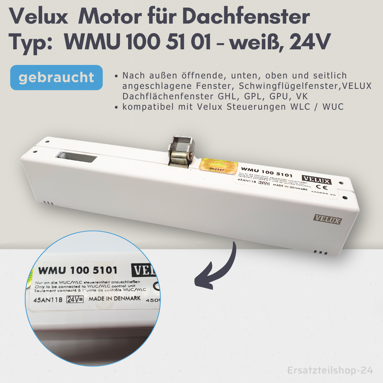 VELUX Motor Typ WMU 100 5101, 24V für Dachfenster, Ersatzteil gebraucht, #598