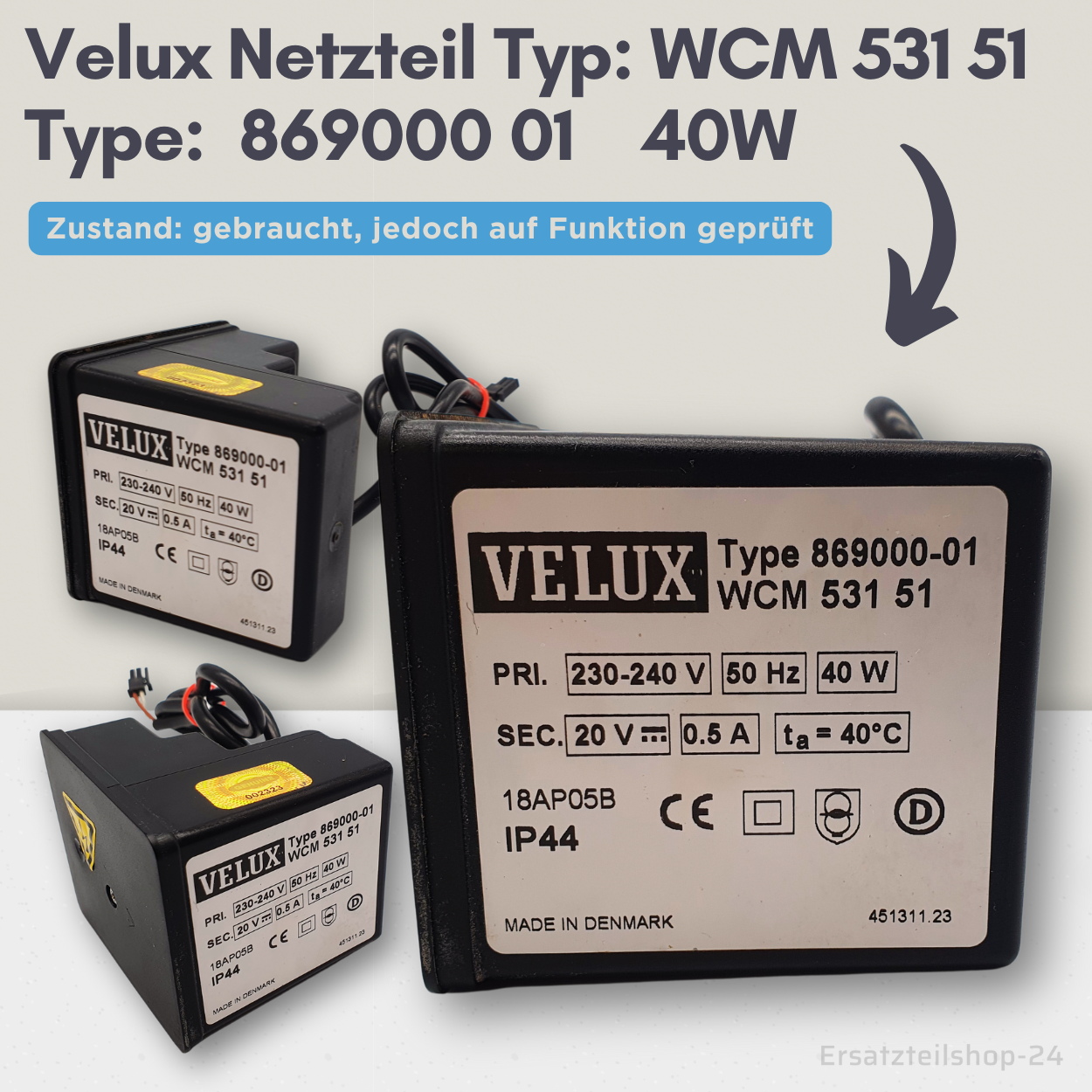 VELUX Netzteil Typ WCM 531 51, Type 869000-01 für Velux Integra Dachfenster, gebraucht #581